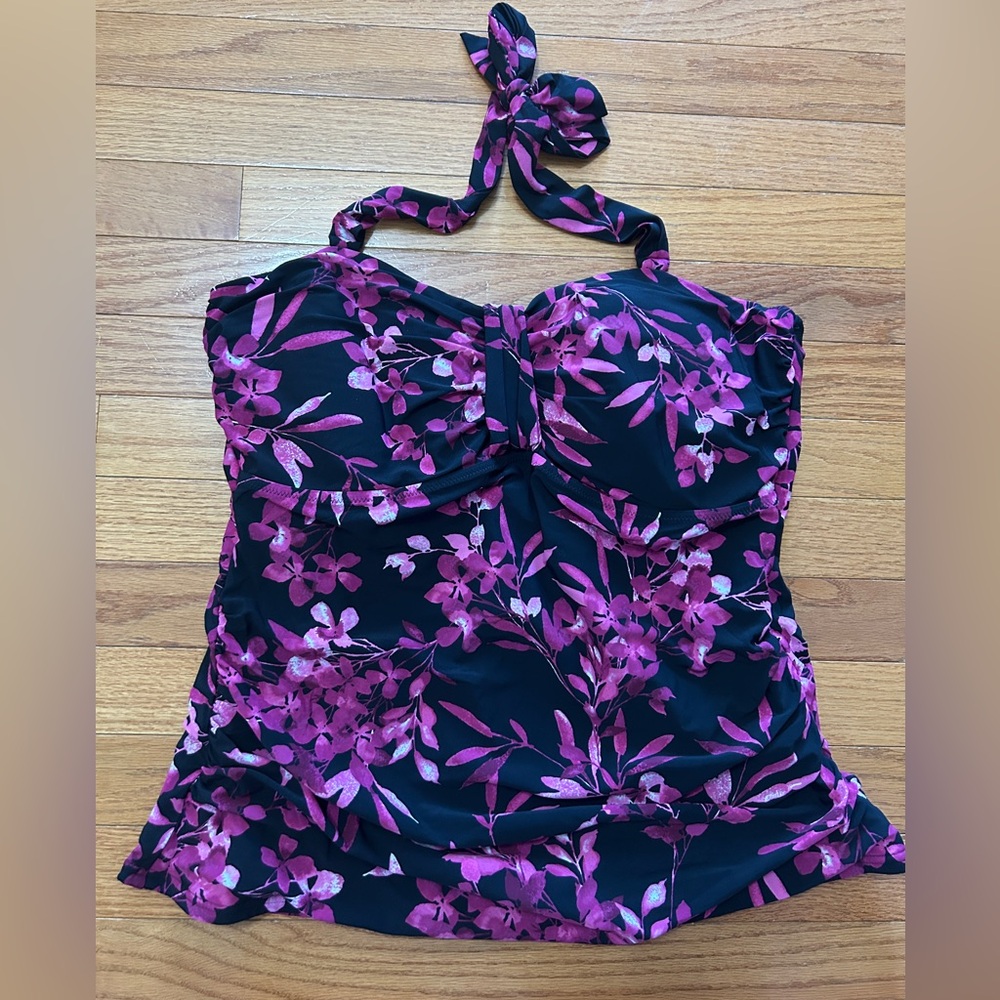 Lands End Swimsuit Top Women’s Size 16 Black Pink Floral Tankini Swimwear